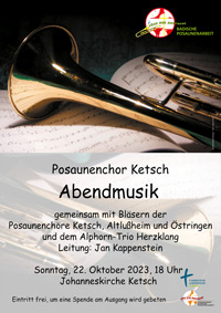 Einladung zur Abendmusik des Posaunenchors am Sonntag, den 22. Oktober 2023 um 18 Uhr in der Evangelischen Johanneskirche Ketsch